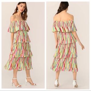 NWOT multi color off shoulder layered tier dress